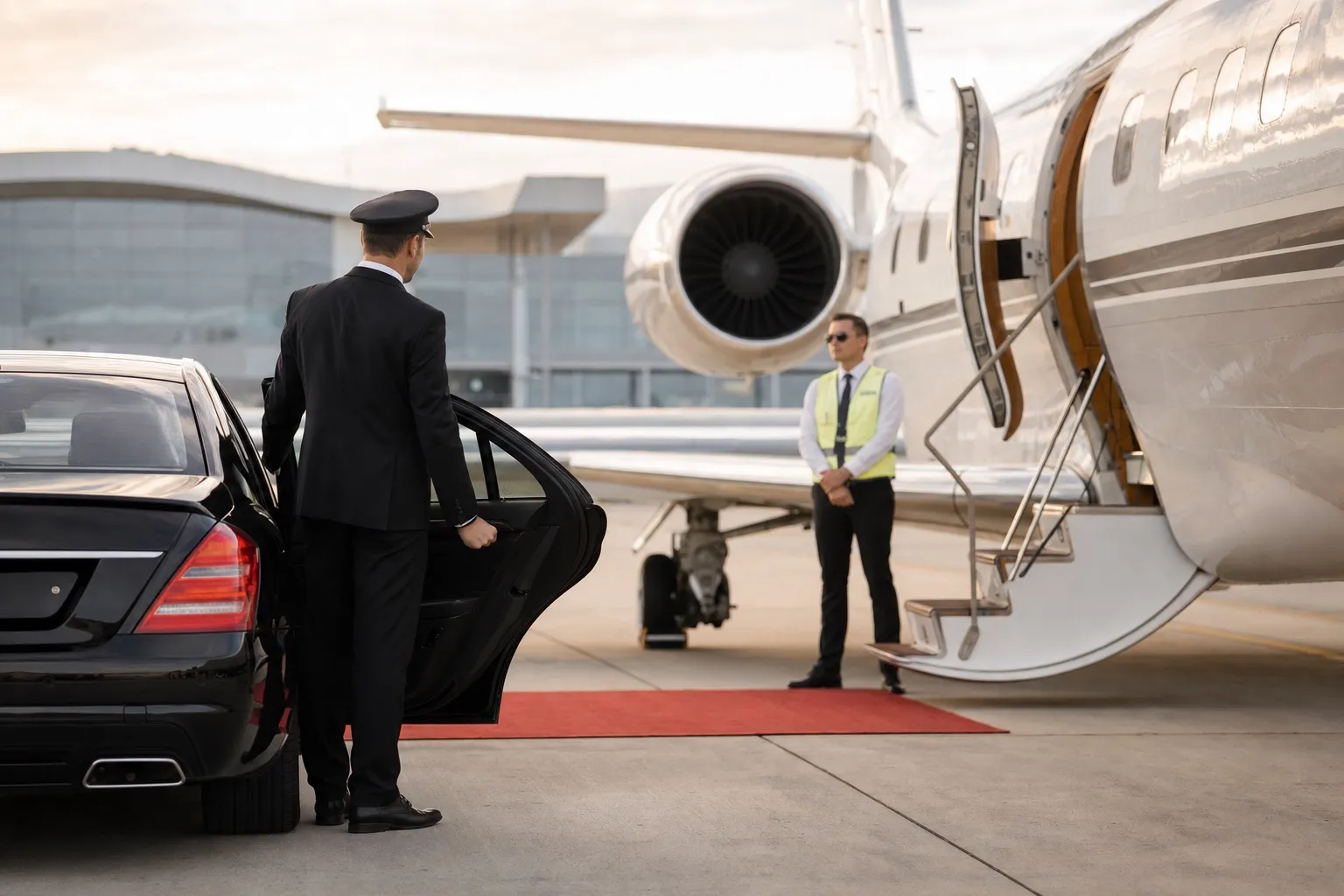 A chauffeur holding a car door open beside a red carpet leading to the steps of a private jet on the tarmac