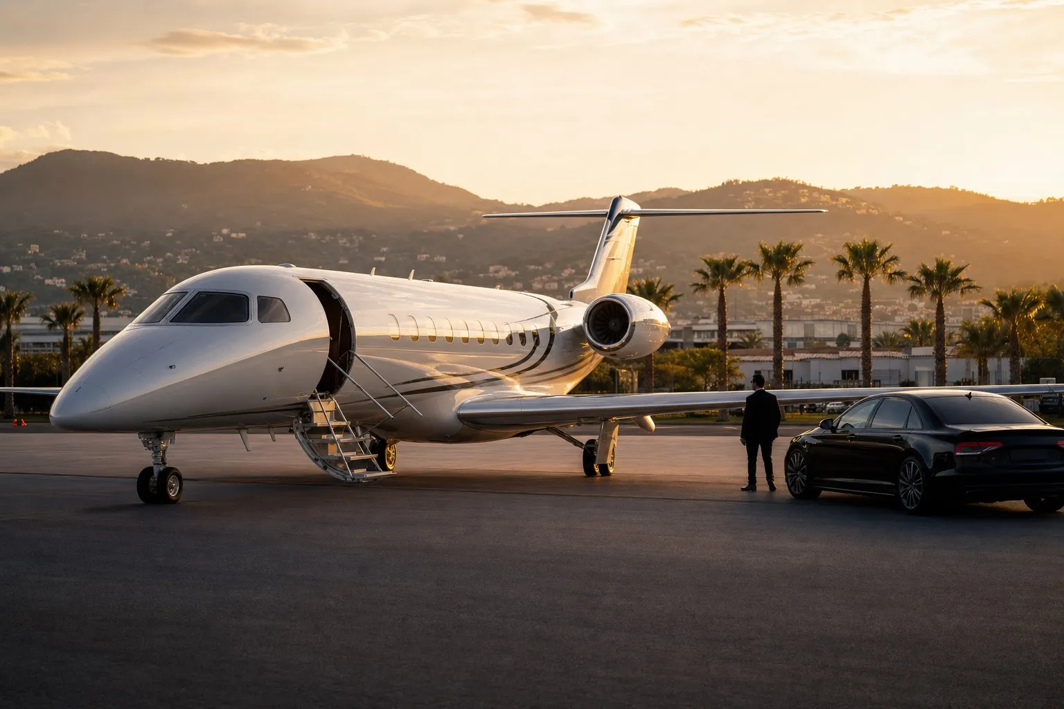 A light jet parked at Cannes-Mandelieu airport at golden hour with palm trees and the hills of the Côte d'Azur behind