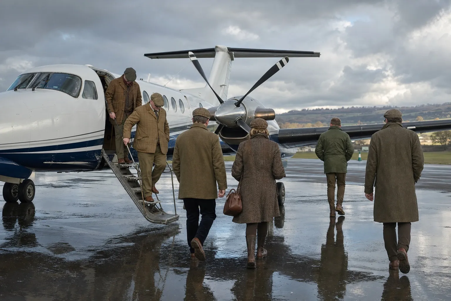 A turboprop aircraft on a wet apron at Gloucestershire Airport in March with racegoers in tweed and overcoats disembarking