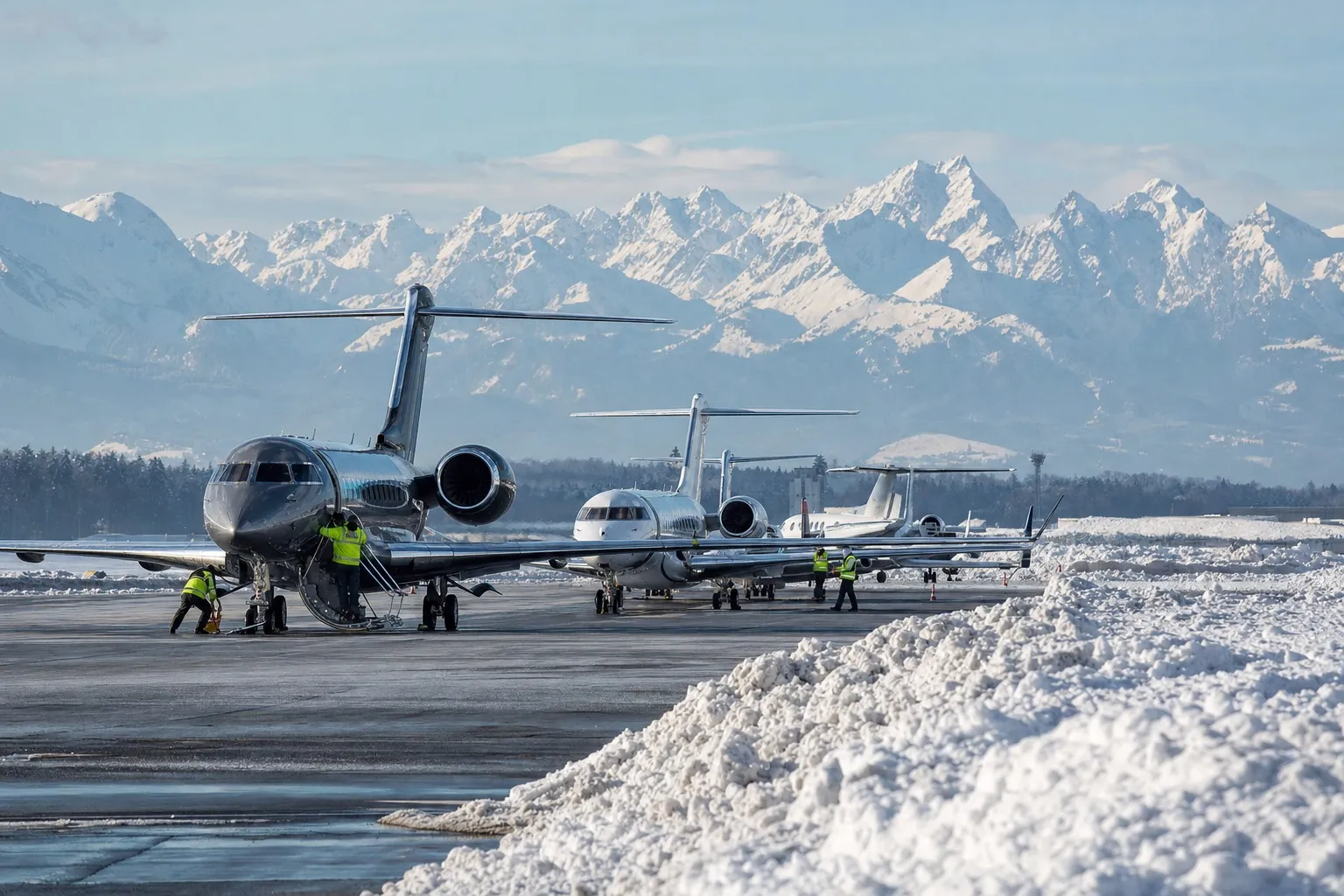 Business jets parked in snow at Zurich airport in January with the Swiss Alps rising behind the airfield