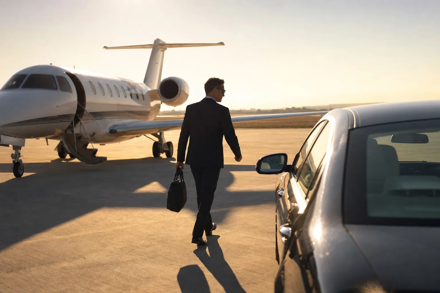 A businessman walking across the tarmac from a light jet towards a waiting car in early morning light, briefcase in hand