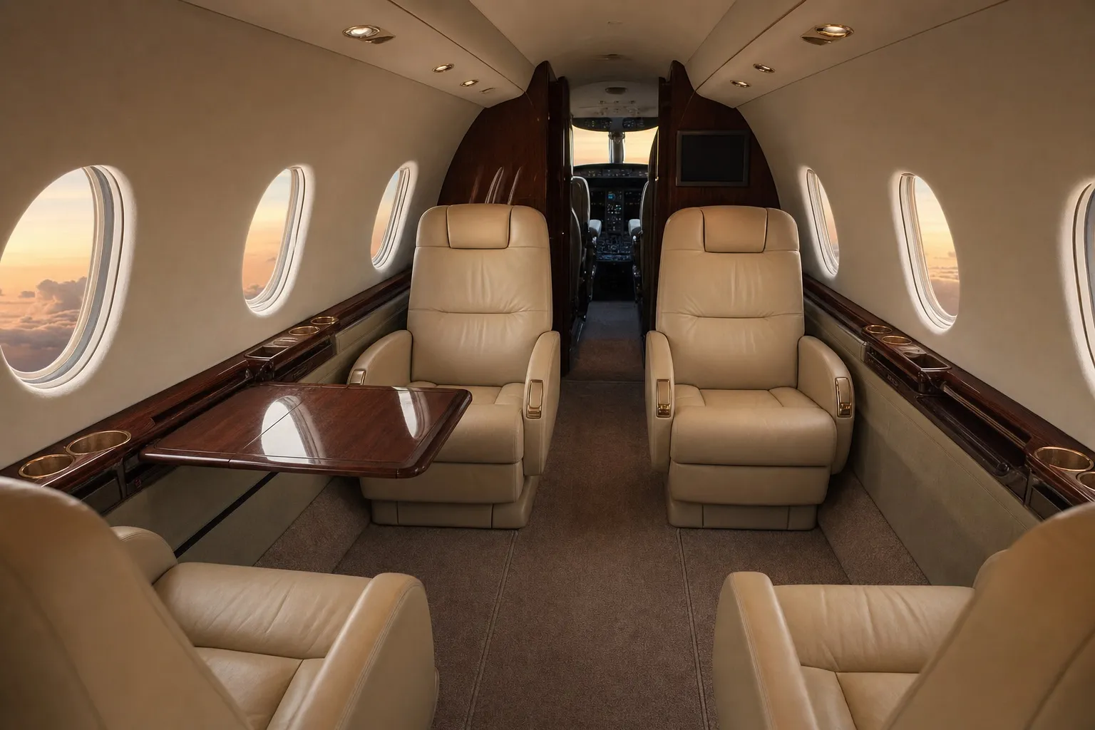 An empty private jet cabin with cream leather seats and no passengers, lit by dusk light through the windows
