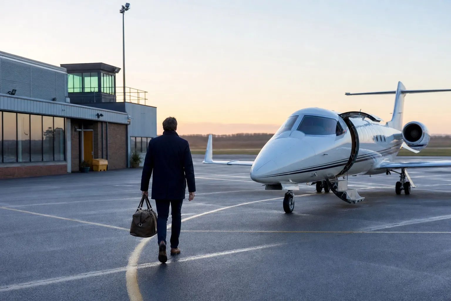A traveller with a holdall walking across the apron toward a waiting private jet outside a small FBO terminal