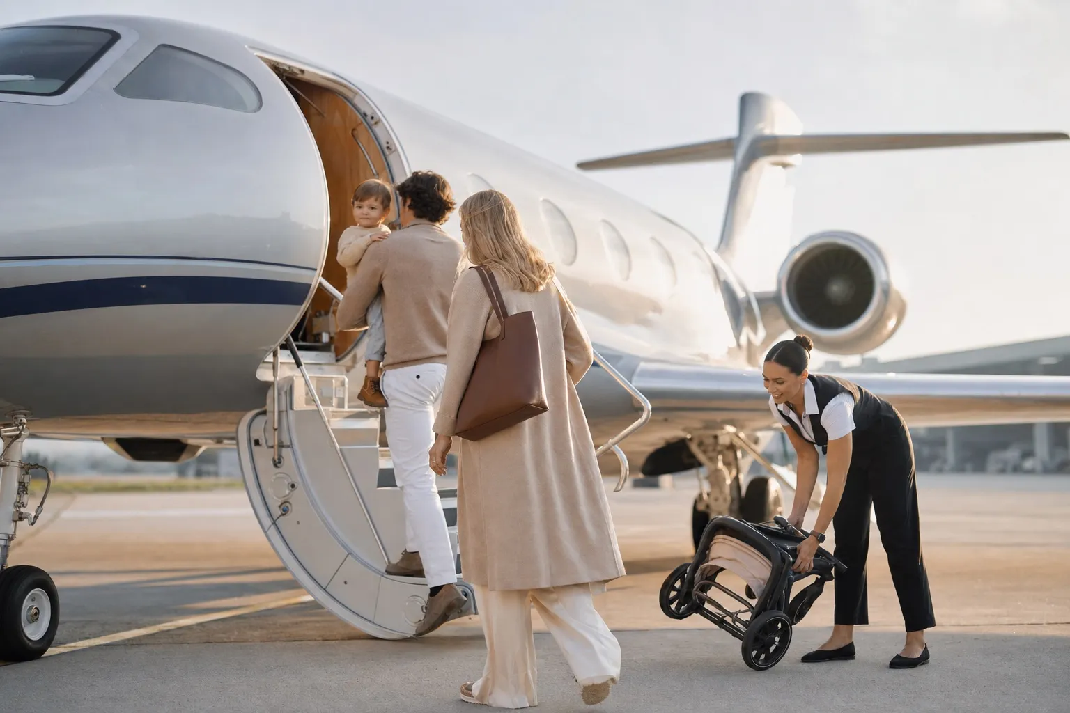 A young family boarding a private jet, a parent carrying a toddler up the aircraft steps while crew help with a pram
