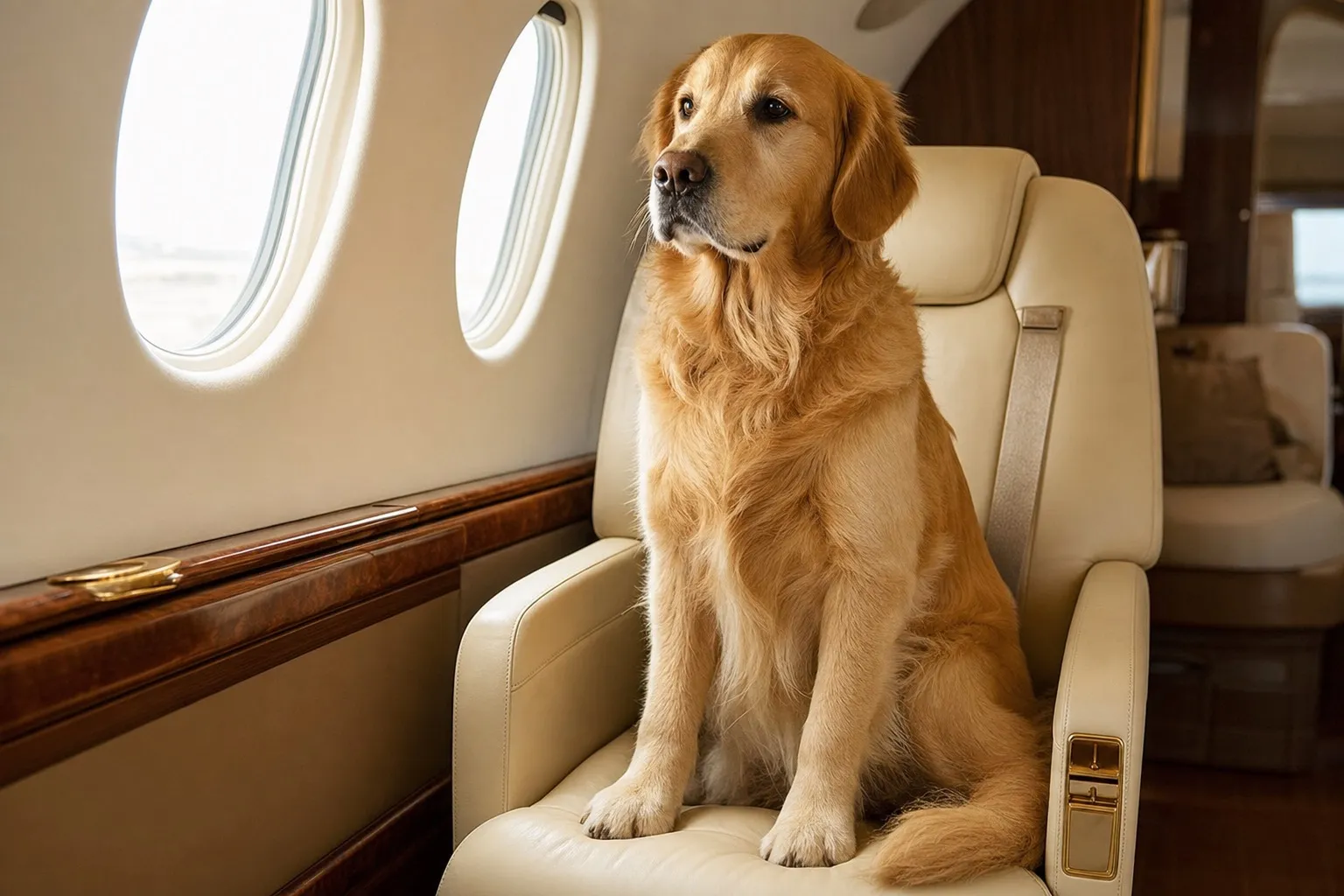 A golden retriever sitting on a leather seat inside a private jet cabin