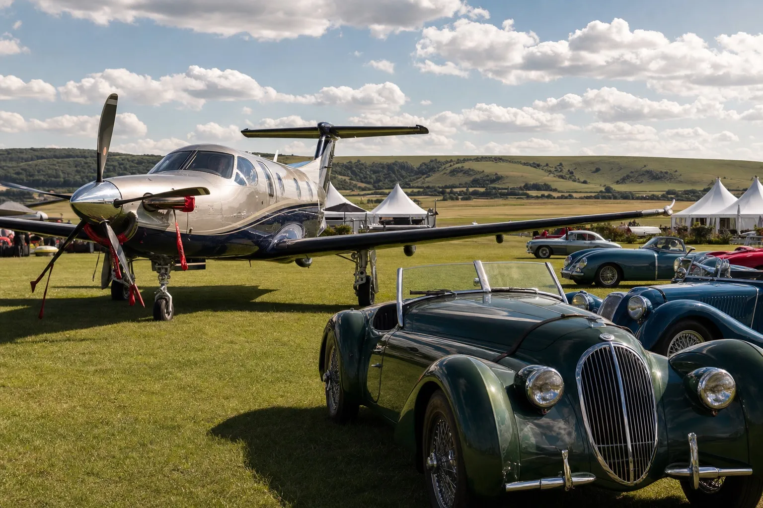 A vintage-styled turboprop parked on grass at Goodwood Aerodrome with classic cars and the South Downs in the background
