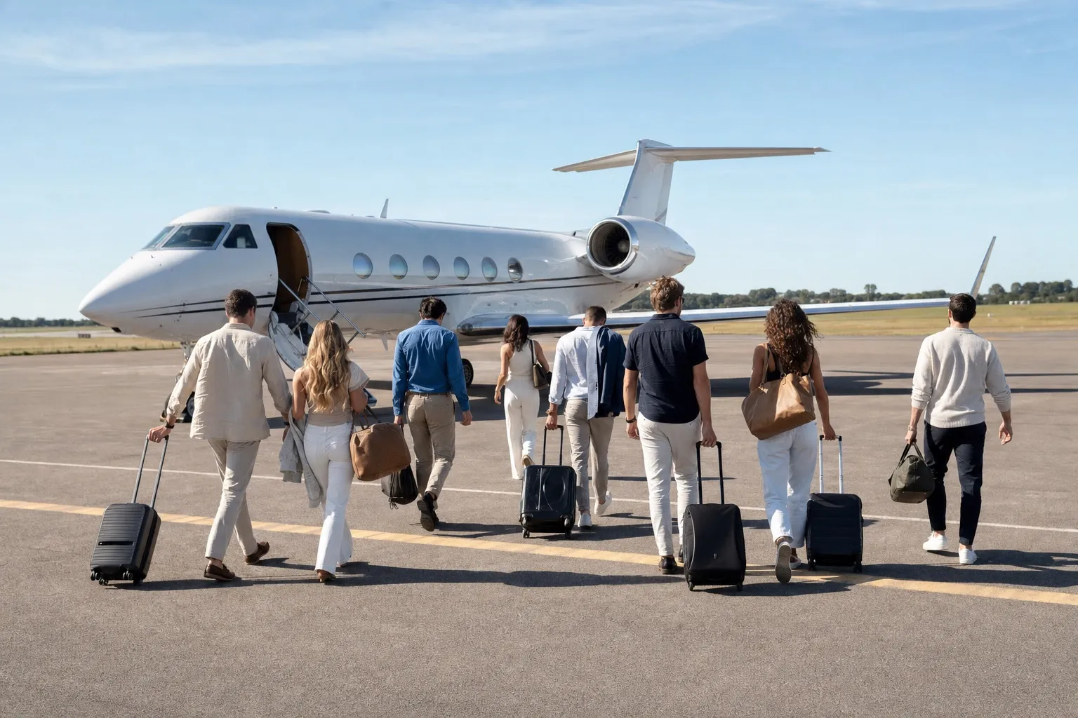 A group of eight friends with luggage walking across the tarmac toward a private jet
