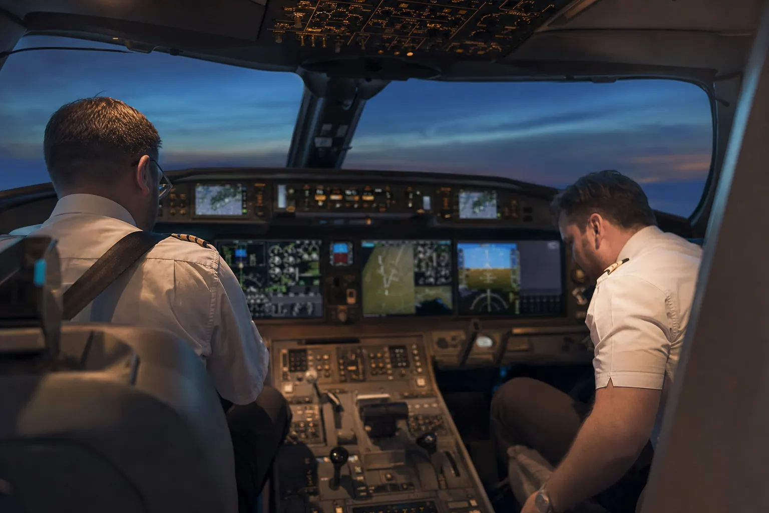 Two pilots completing pre-flight checks in the cockpit of a private jet at dusk