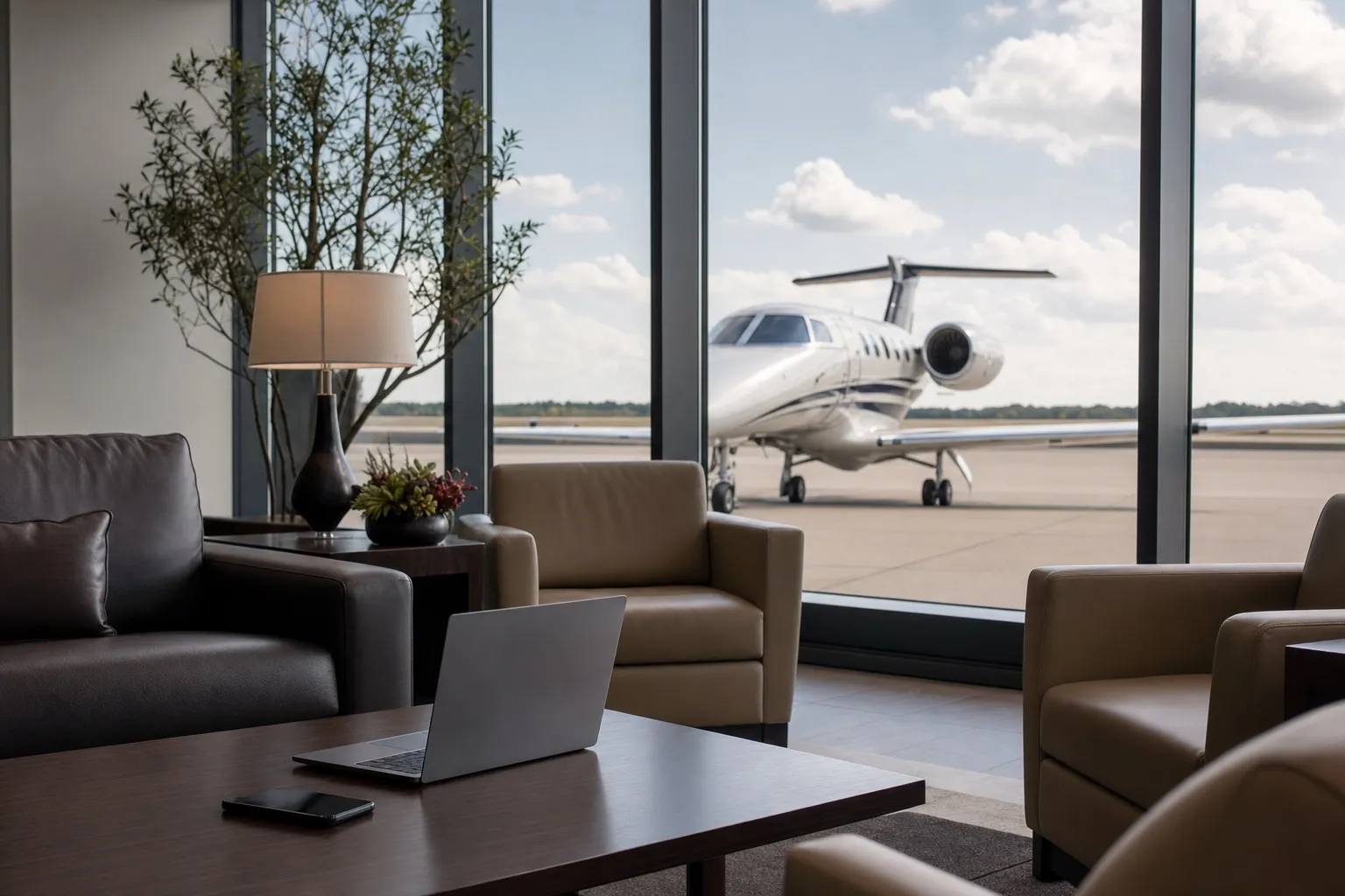 A private aviation FBO lounge with a laptop on the table and a light jet visible through the window