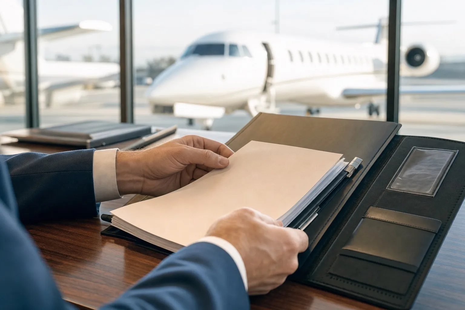 Close-up of hands reviewing aircraft documentation and a safety audit certificate on a desk, with a jet visible through the window behind