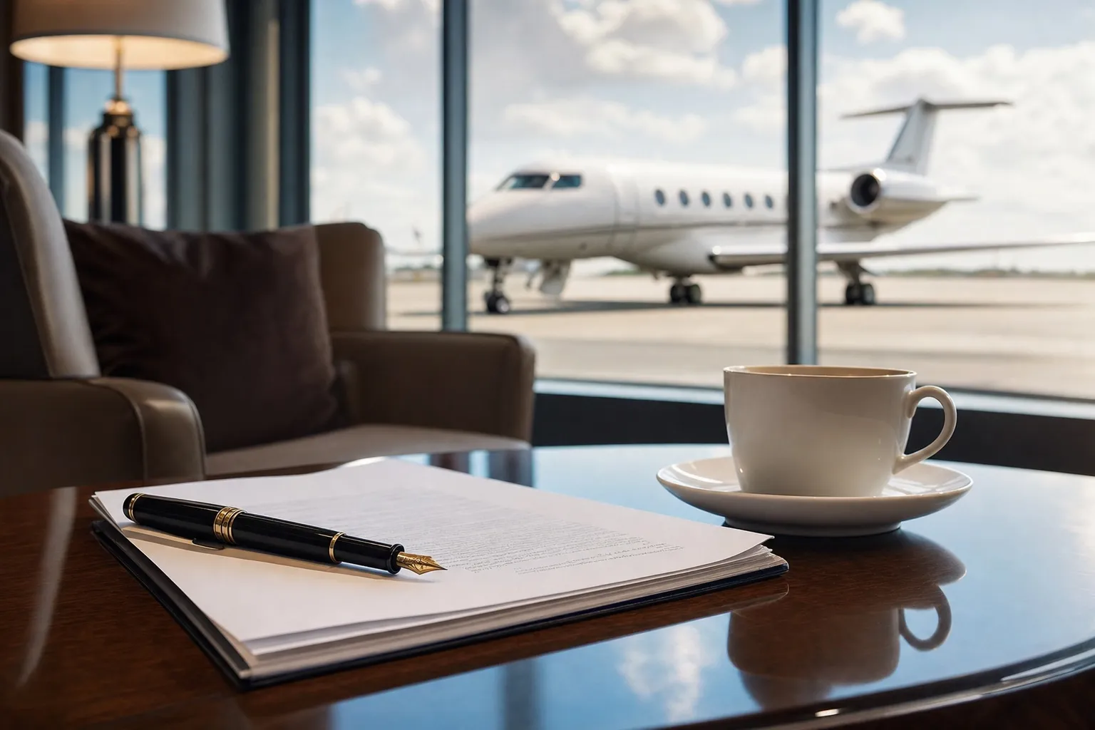 A fountain pen resting on charter contract paperwork next to a coffee cup, with a private jet visible through an FBO lounge window