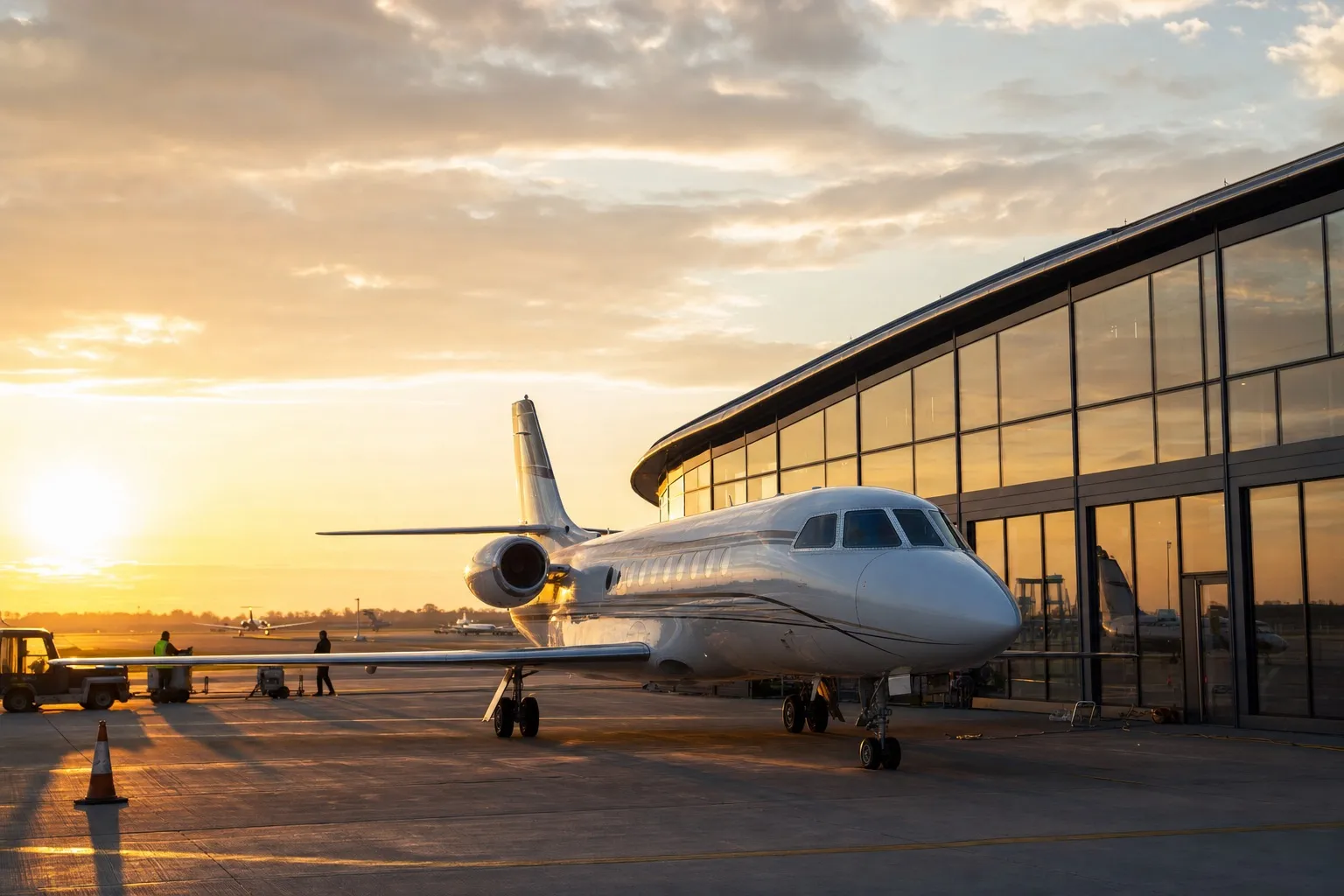 A business jet parked in front of a modern glass private aviation terminal at golden hour