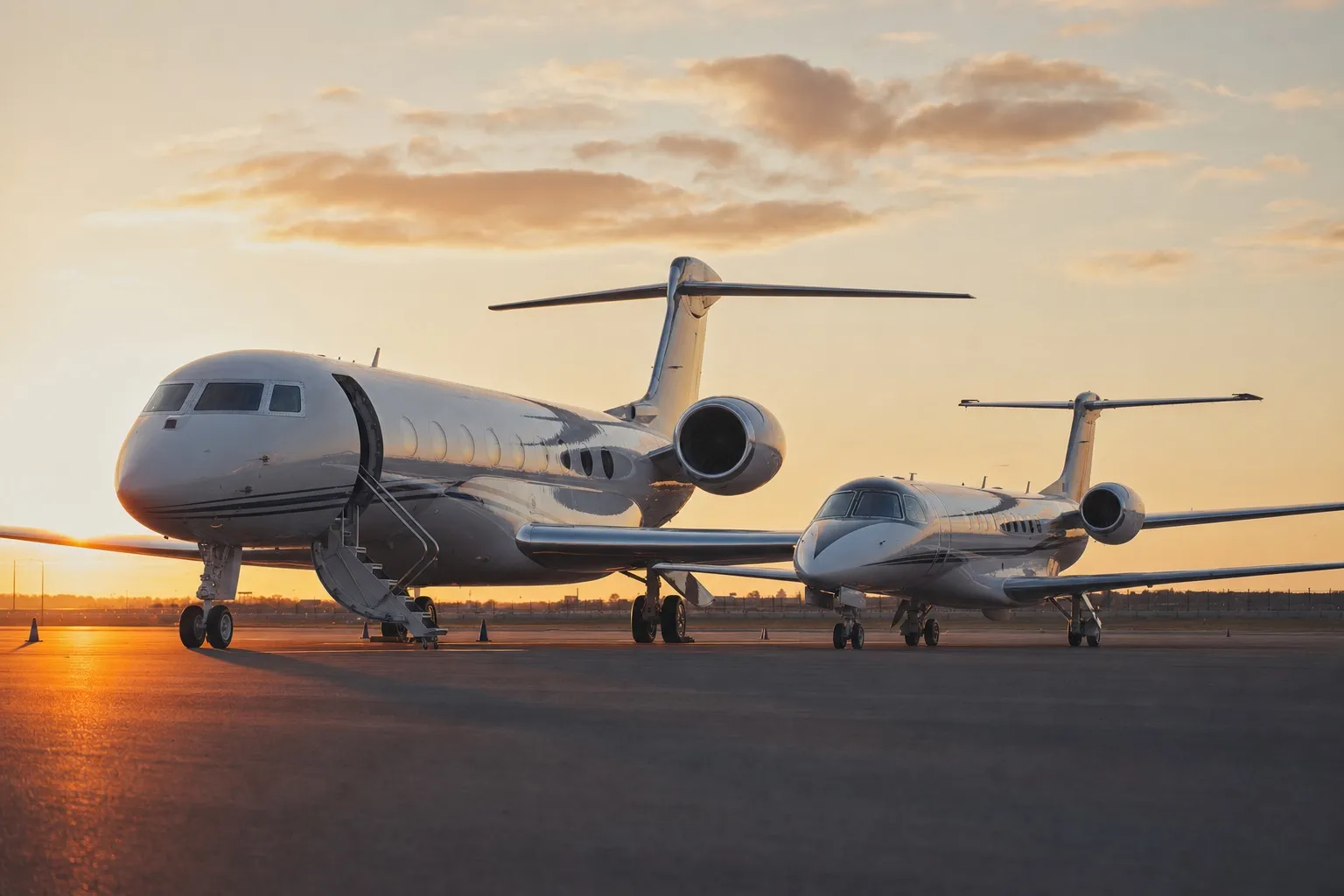 A large heavy private jet and a smaller midsize jet parked side by side on an airport apron at golden hour