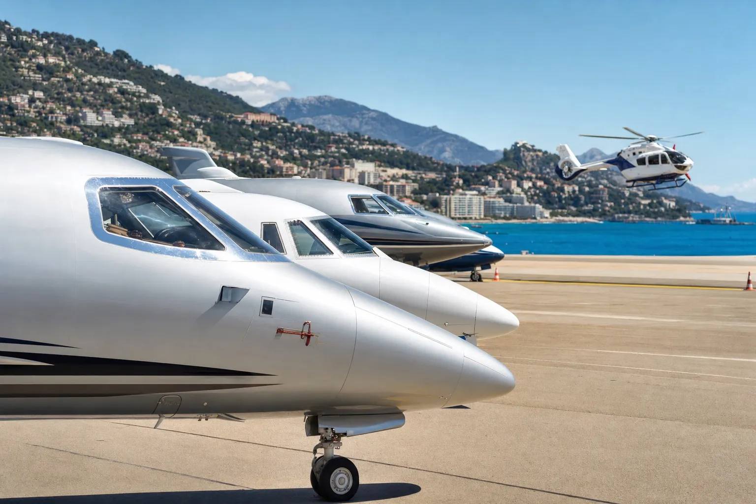 Private jets lined up on the apron at Nice airport with the Mediterranean coastline stretching towards Monaco in the background