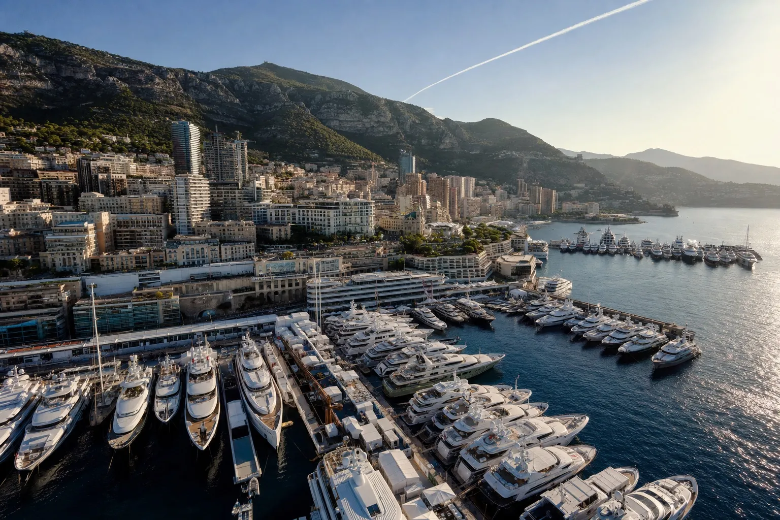 Superyachts filling Port Hercule in Monaco seen from above with the Mediterranean and afternoon light, a jet contrail crossing the sky