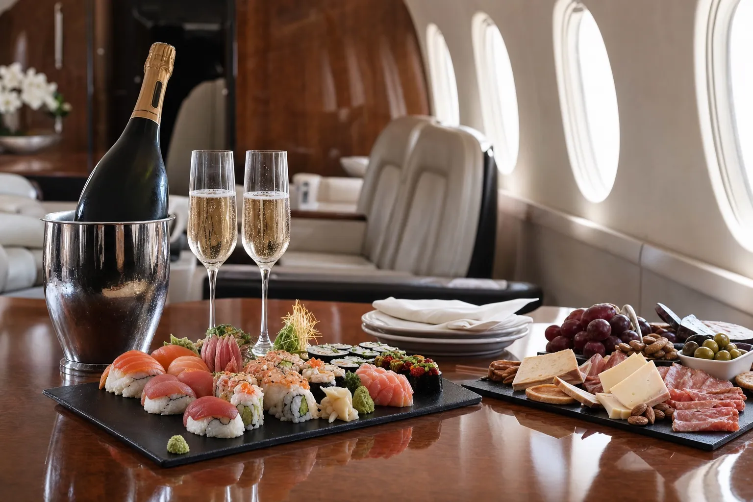 A catering platter of fresh food and champagne laid out on the polished table of a private jet cabin