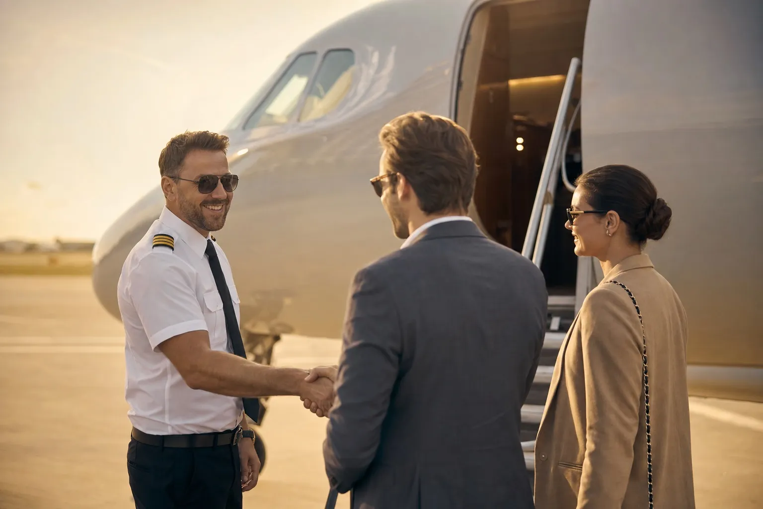 A pilot greeting passengers at the steps of a private jet, with champagne visible in the cabin behind