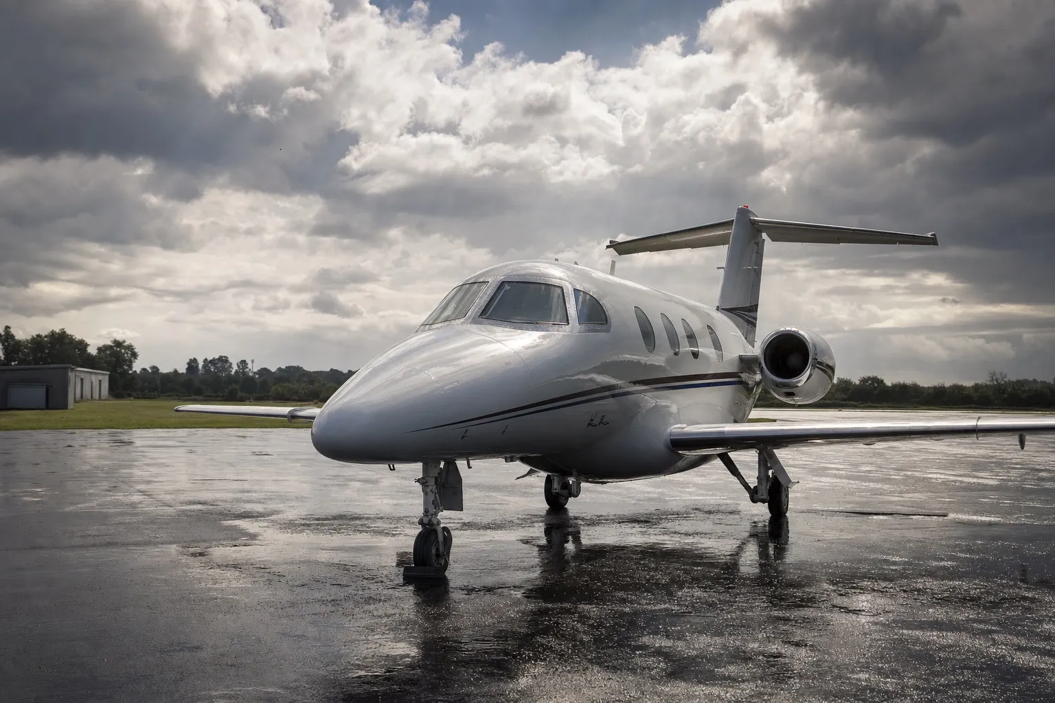 A light private jet on a wet apron under dramatic clouds at an ordinary UK regional airfield