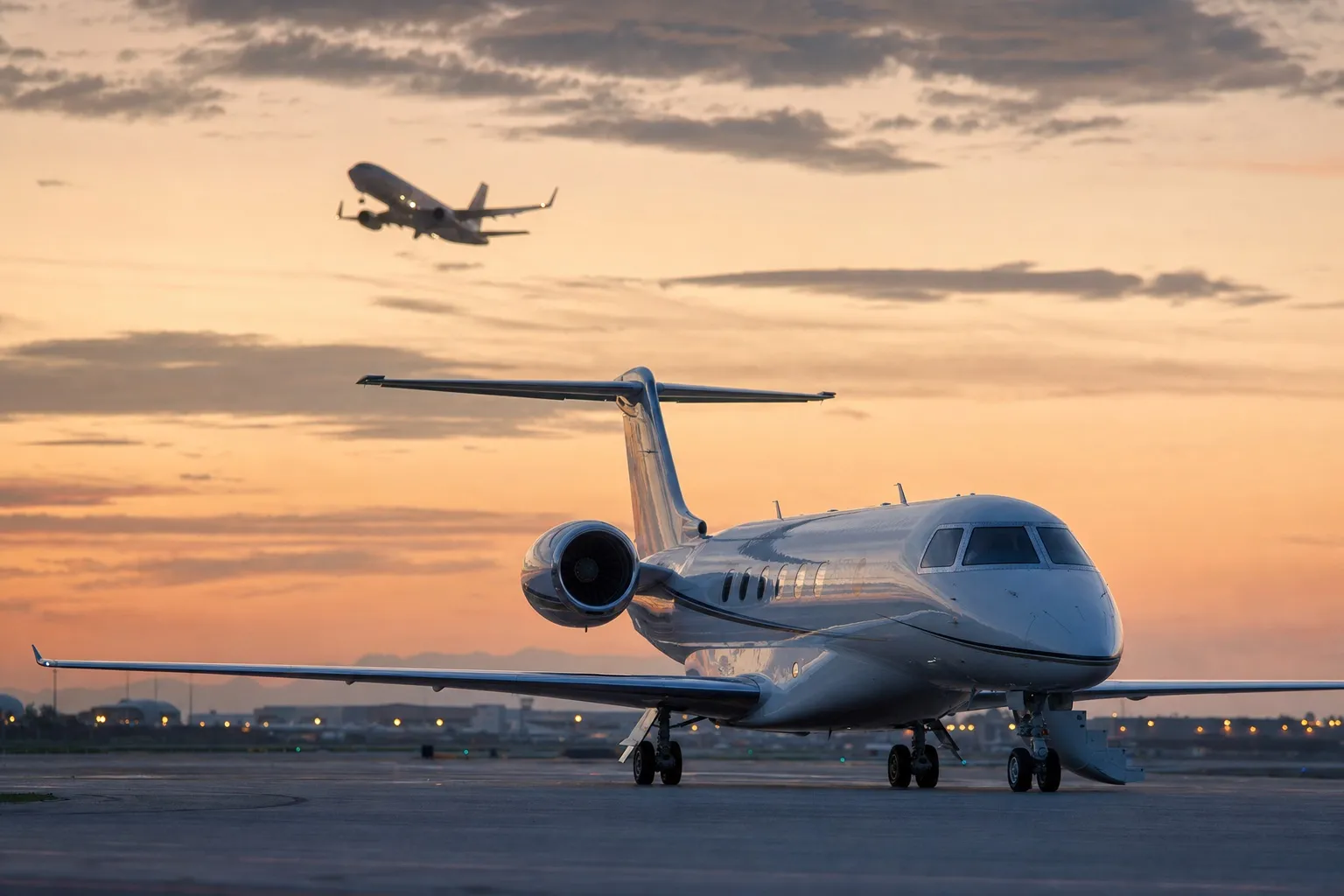 A light private jet parked on the apron in the foreground while a large commercial airliner climbs away in the background at dusk
