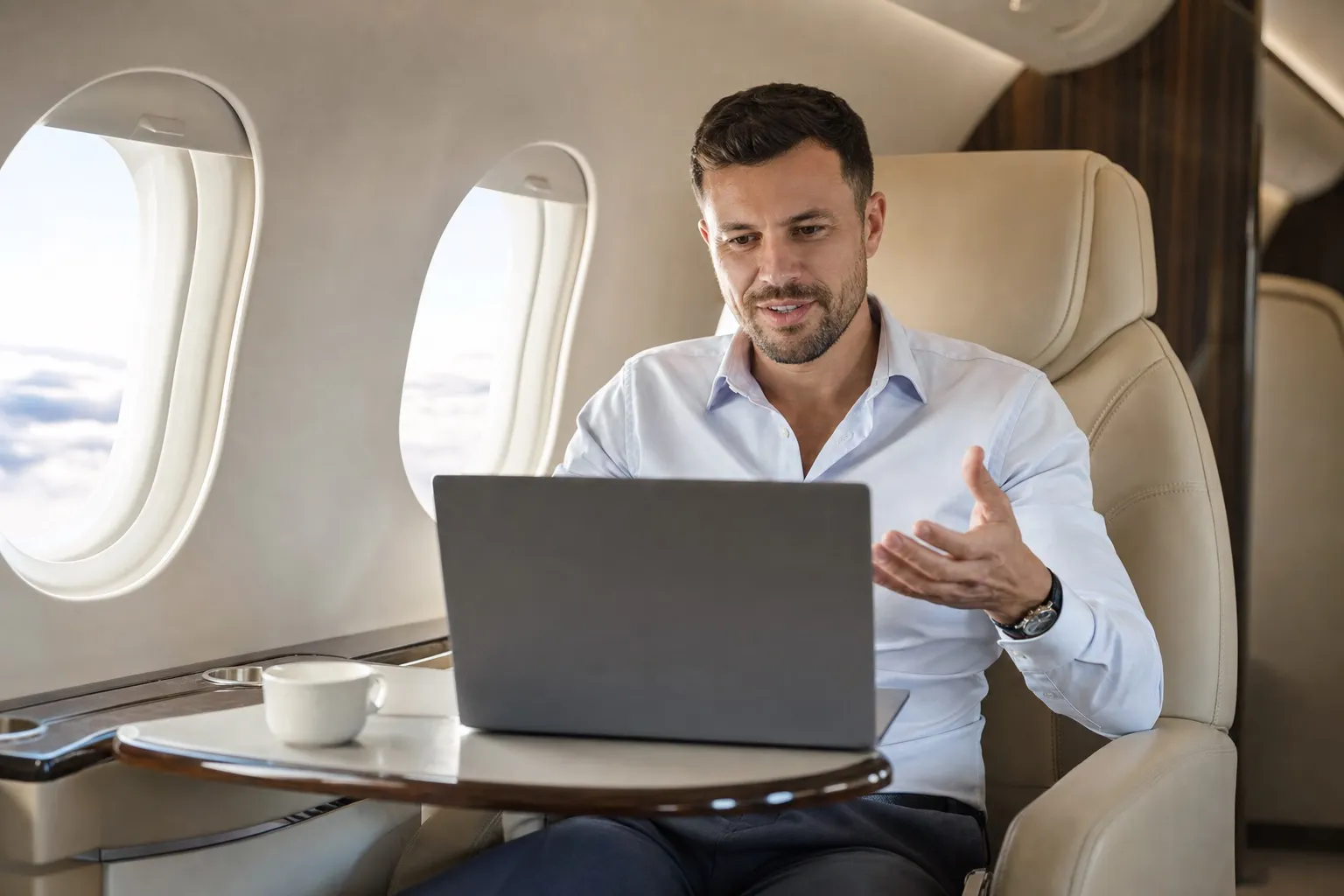 A businessman working on a laptop with a video call in progress in a private jet cabin