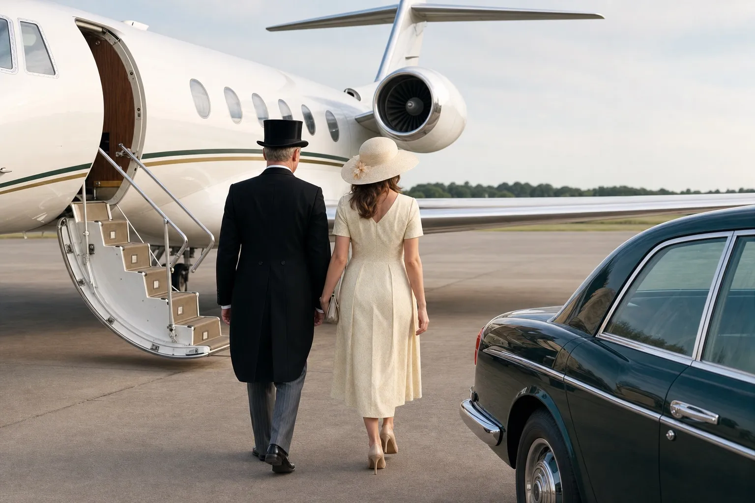 A private jet on the apron at Farnborough airport with passengers in morning dress and race-day hats walking to a waiting car