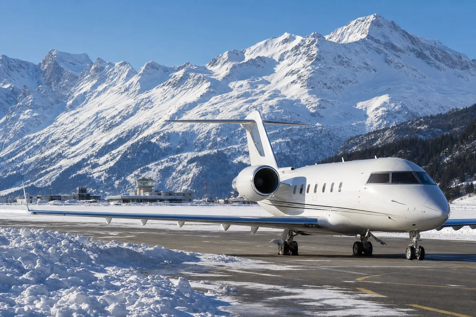A private jet on a snow-cleared apron at an alpine airport with snow-covered Alps behind