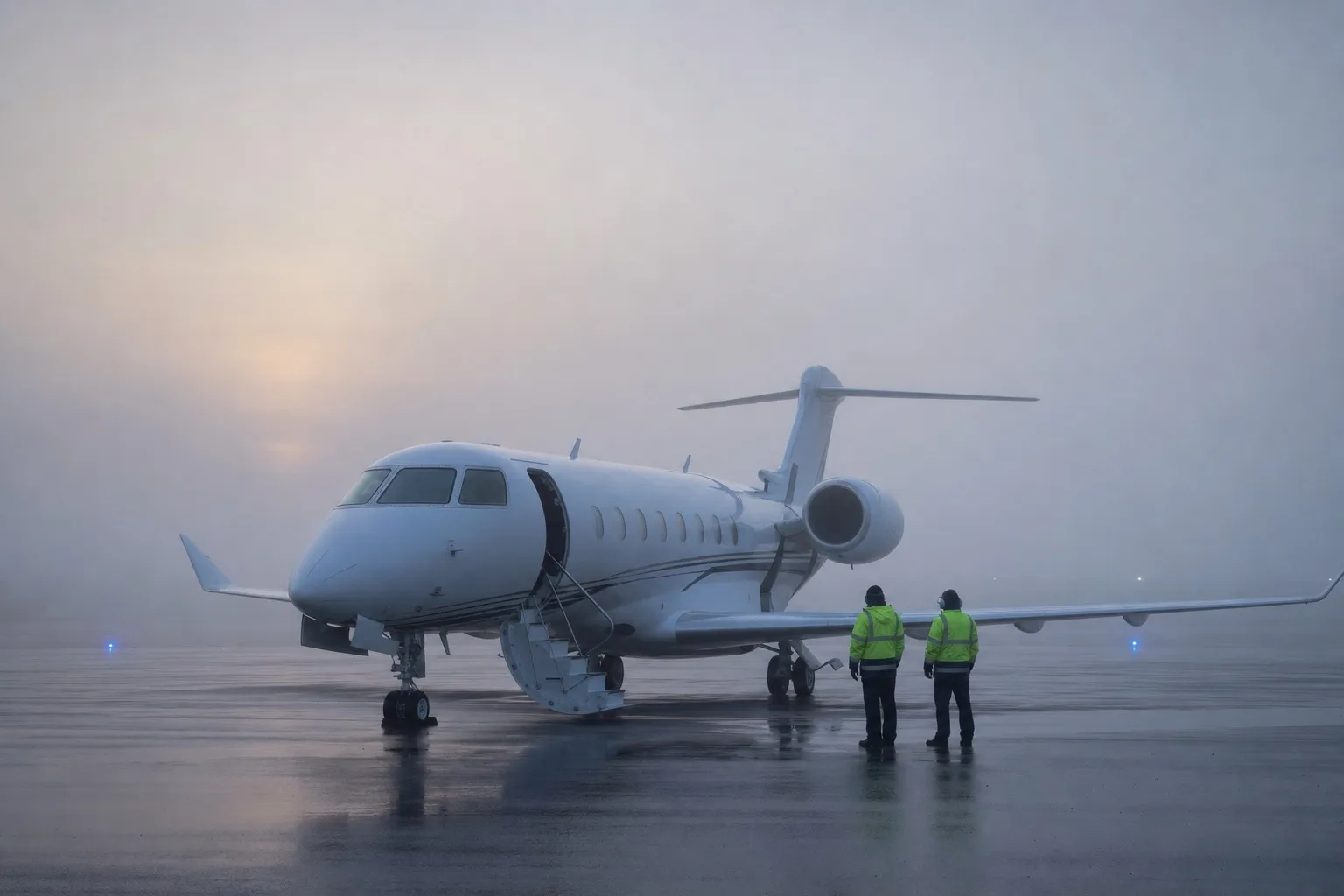 A private jet parked on a misty airfield apron at dawn with fog reducing visibility, ground crew standing nearby