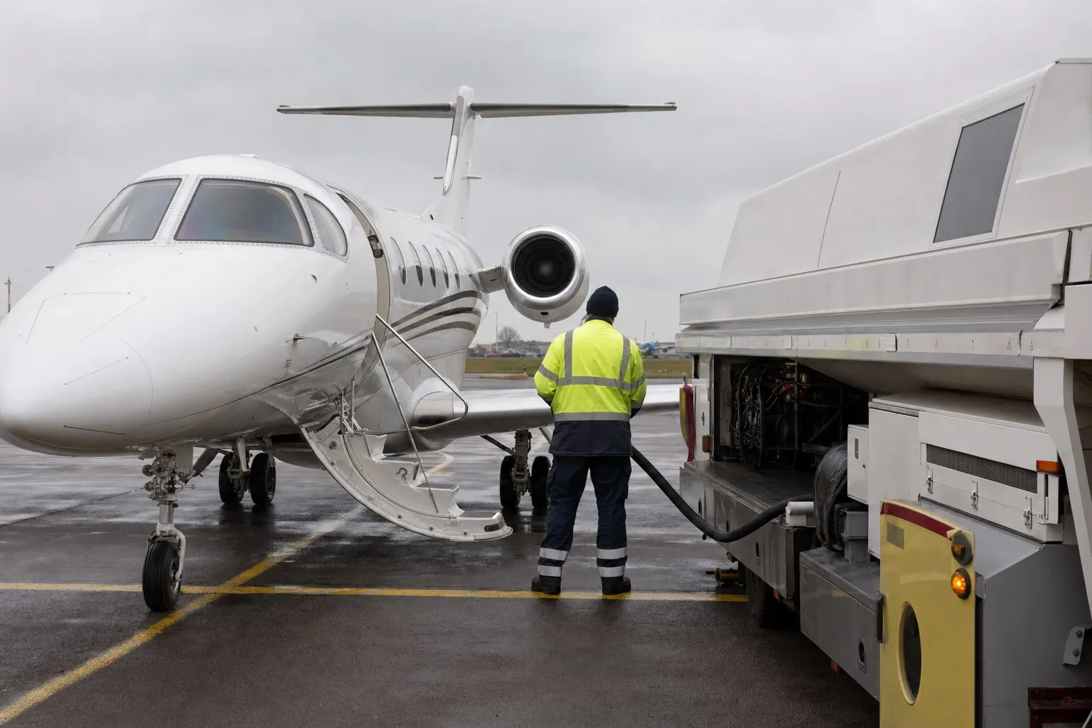 A private jet being refuelled on the apron by a fuel truck with a ground handler in hi-vis